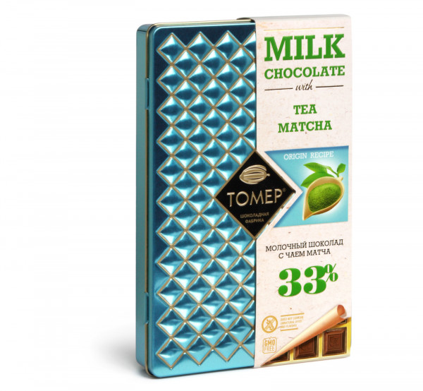 №1 Фабрика Томер металлический бокс Молочный шоколад с чаем МАТЧА ,33%  90г в Воскресенске